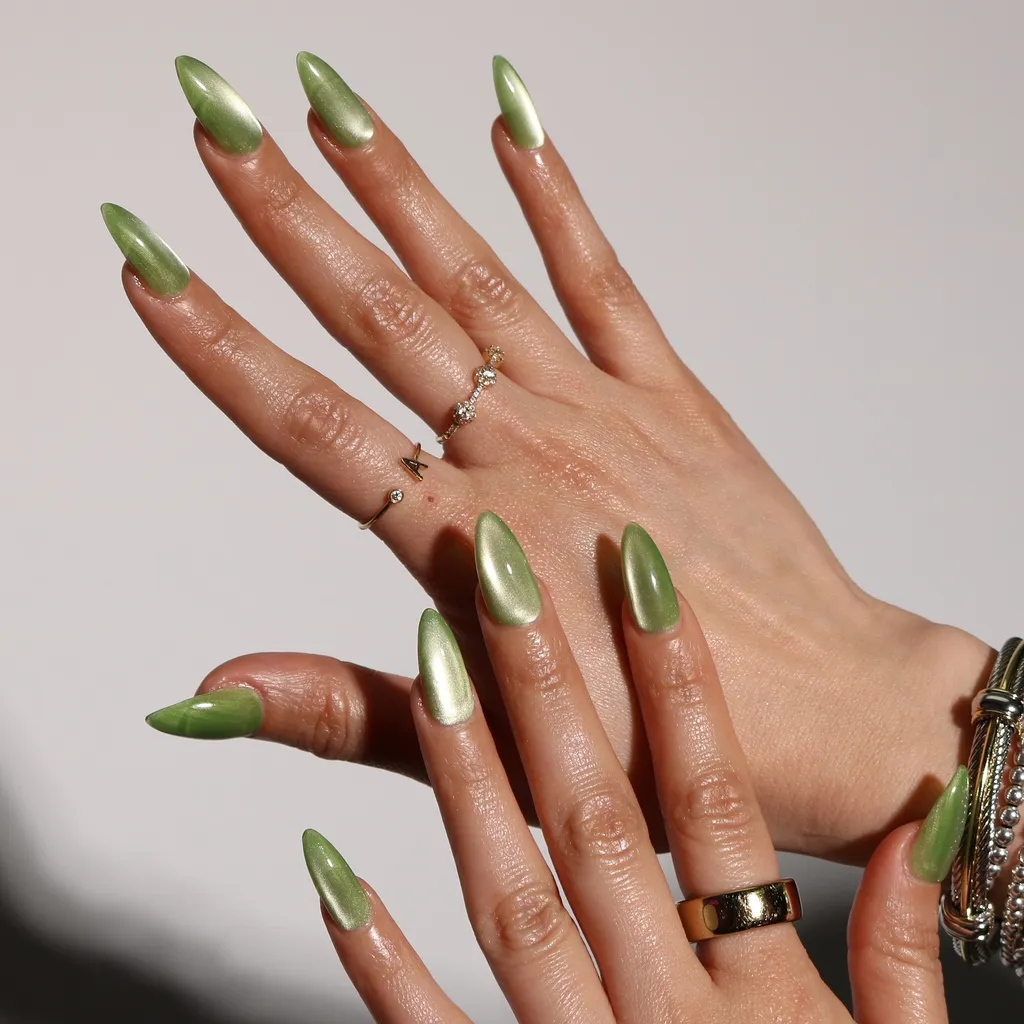 Metallic Green Chrome Nails