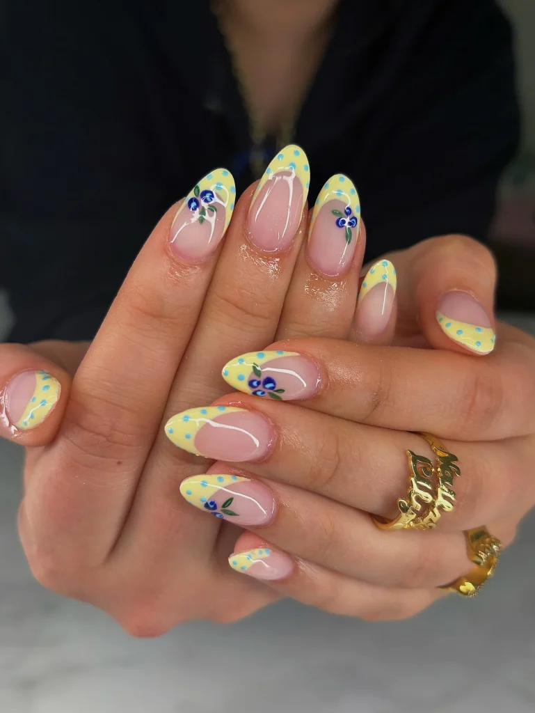 Lemon Polka Dot French Tips with a Floral Twist
