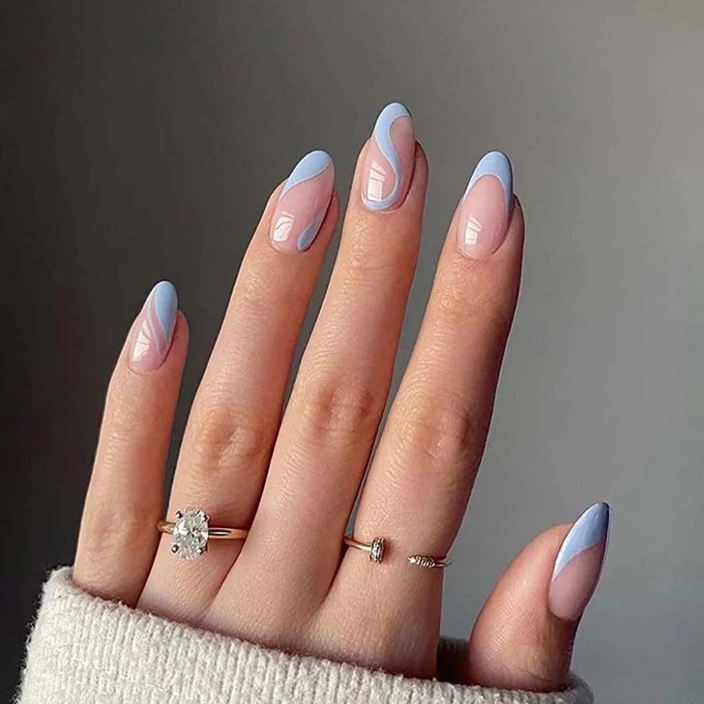 Sky Blue Swirl French Nails