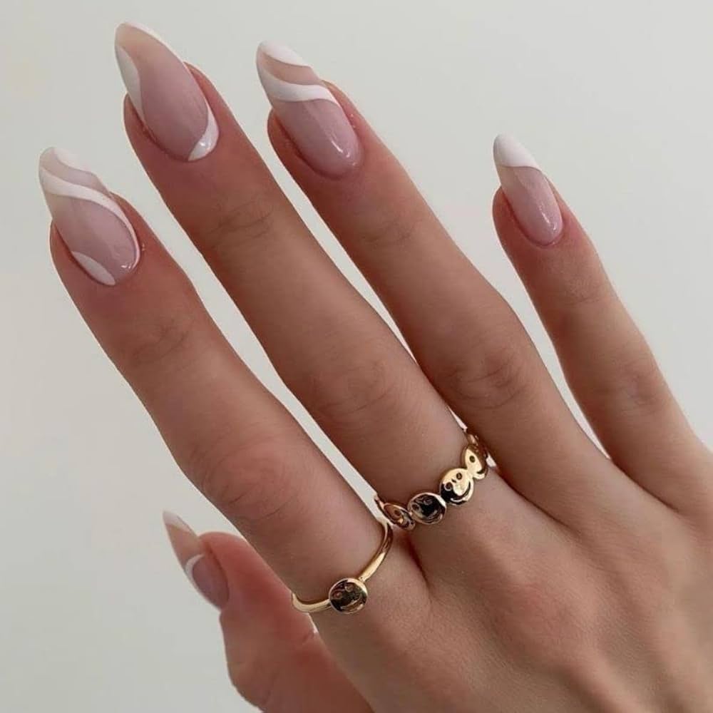 Elegant White Swirl Gel Nails