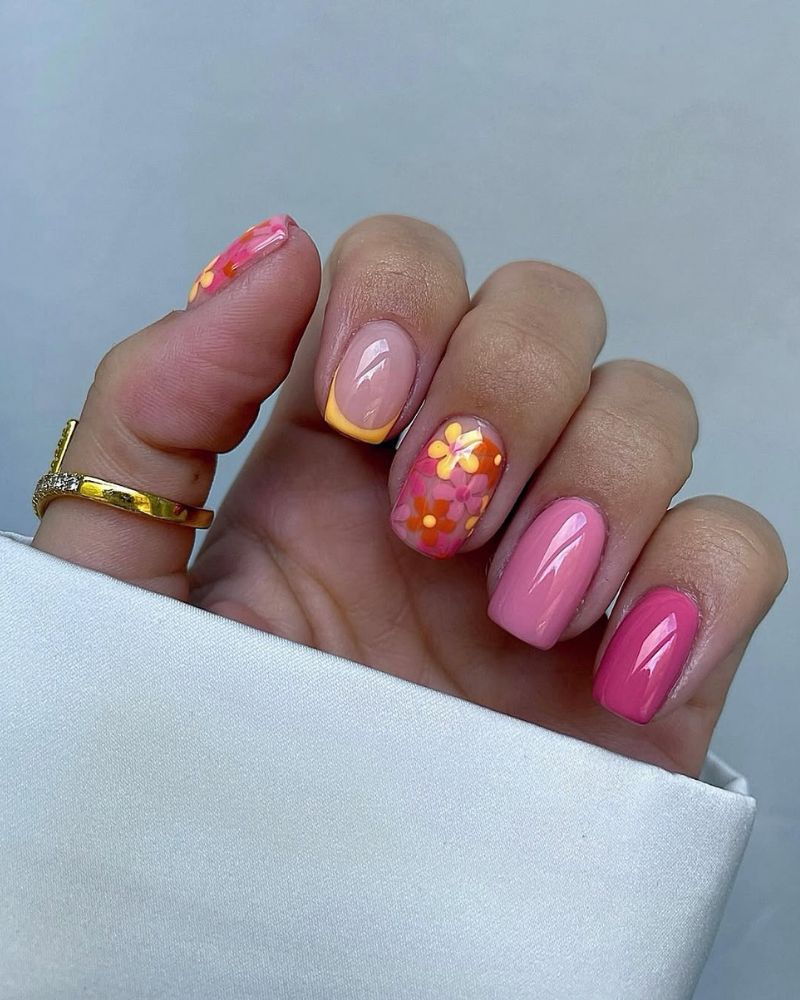 Bright Pink Floral Nails With a Playful Spring Pop