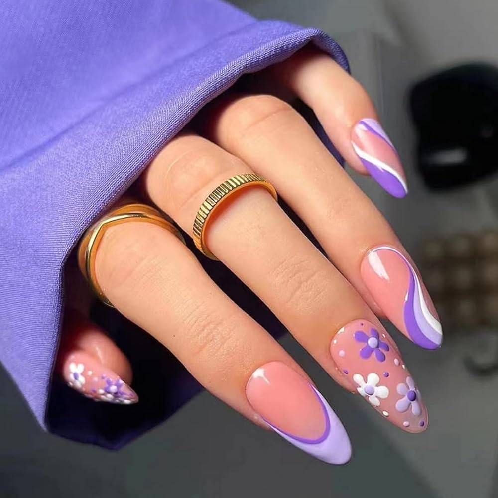 Lavender Swirl French Tips with Playful Floral Vibes