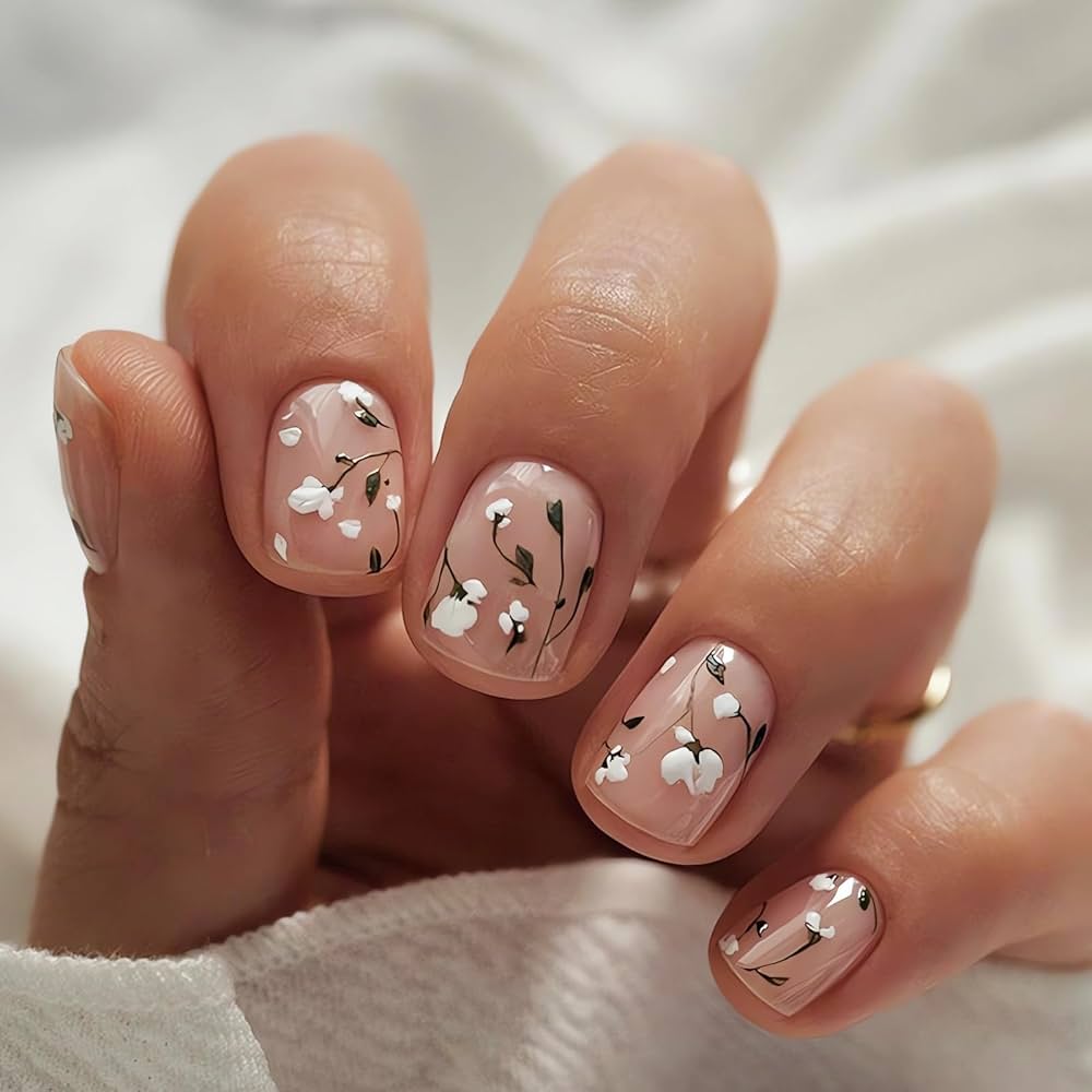 Minimal White Floral Nude Nails