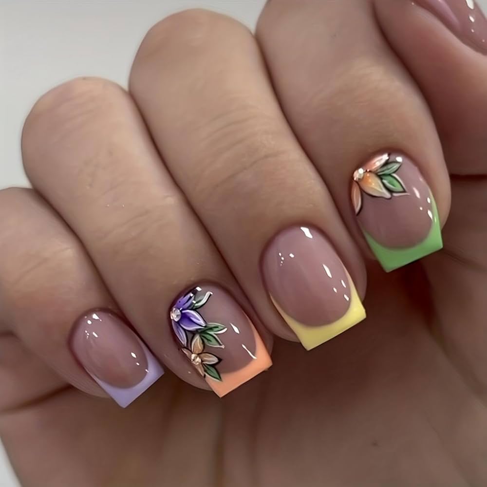 Pastel Block French Tips with Delicate Floral Art