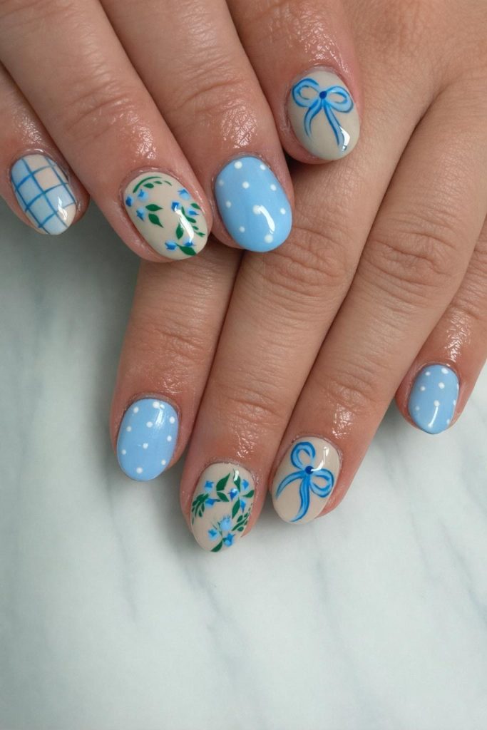 Sweet Blue Ribbon Nails That Bring Soft Spring Charm