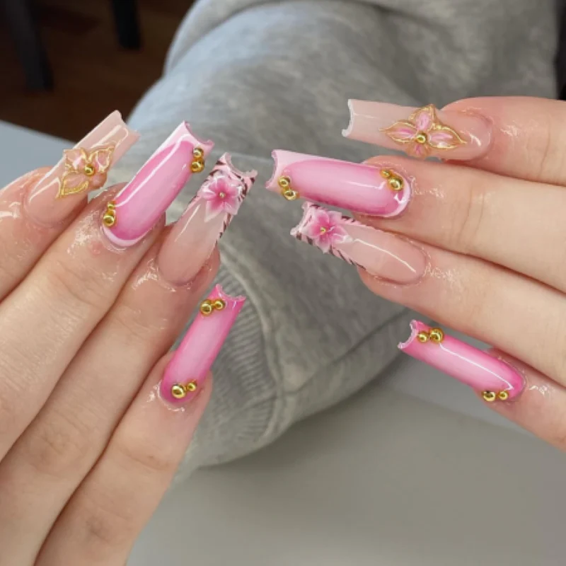 Pink Floral Embellished Nails