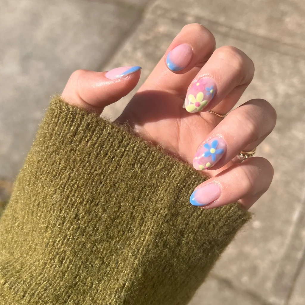 Cute Pastel Flower Nails with Soft Blue Tips