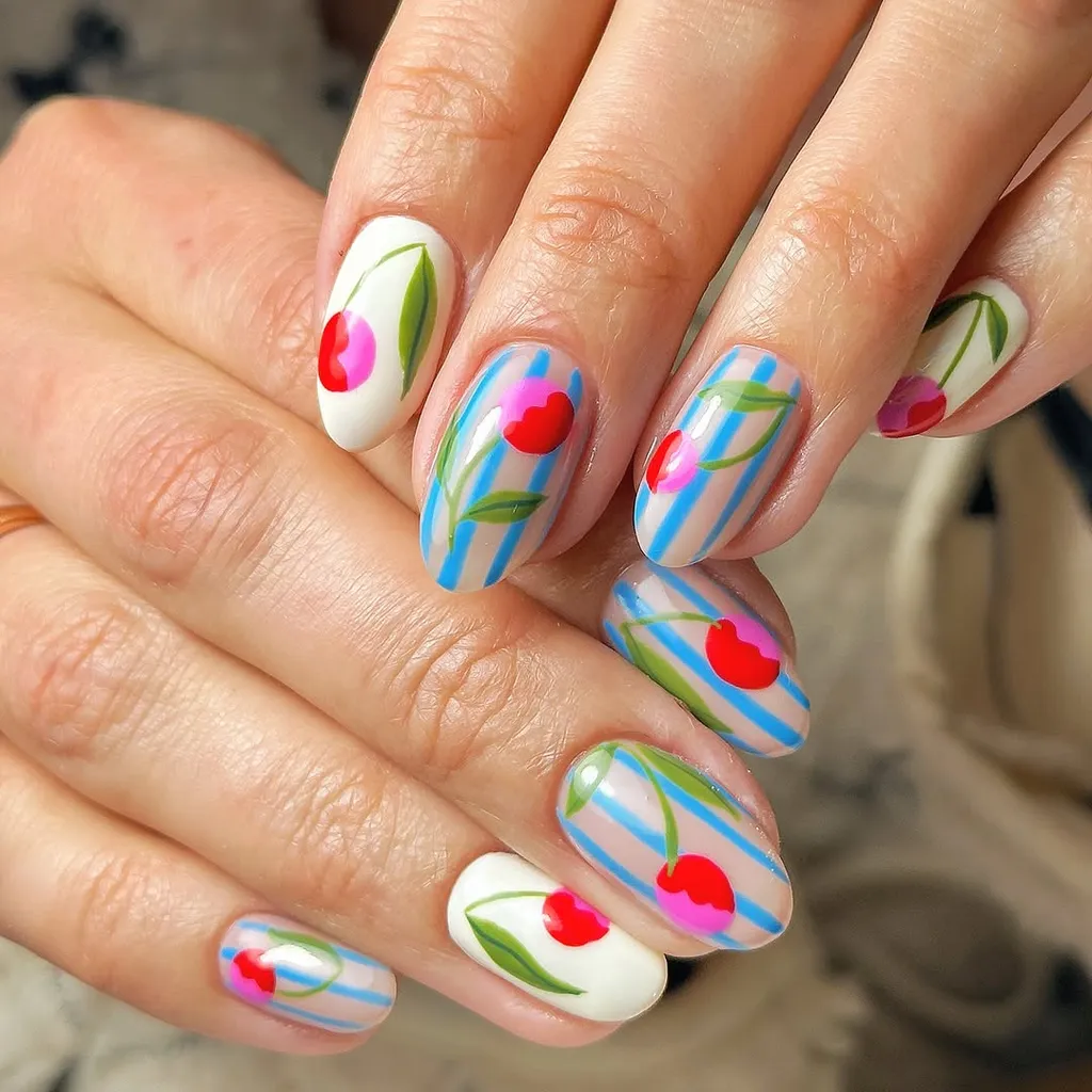 Cherry Stripe Nails That Feel Fresh and Playful