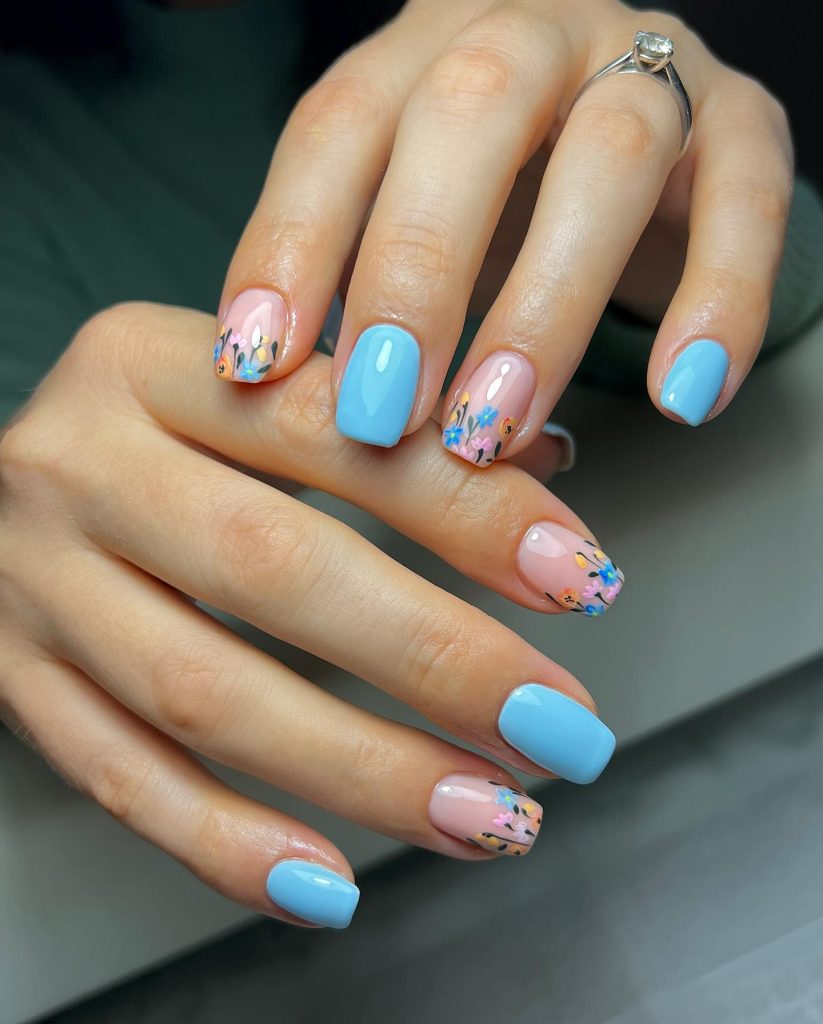 Soft Blue Floral Spring Gel Nails