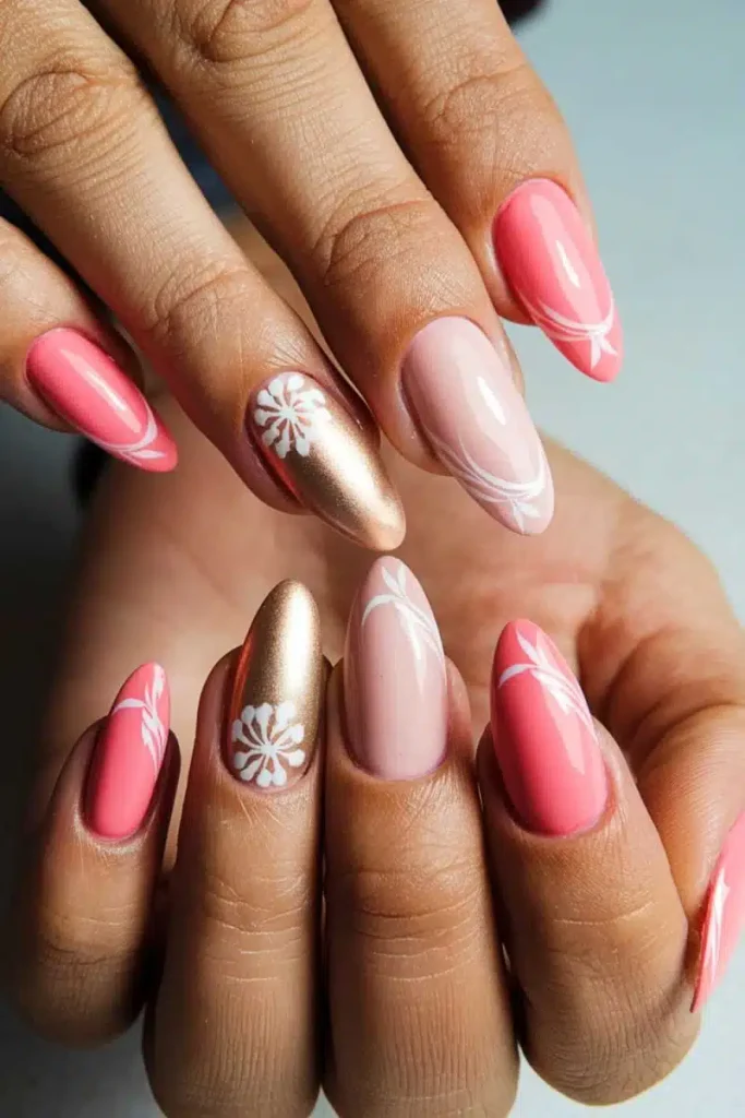 Pink & Gold Spring Nails Are Giving Luxury Floral Vibes