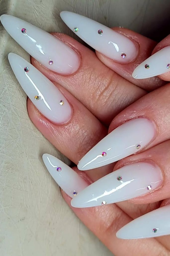 Icy Milky Nails with Crystals That Shine Effortlessly