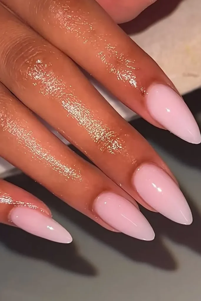 Glossy Baby Pink Almond Nails That Look Clean & Luxurious