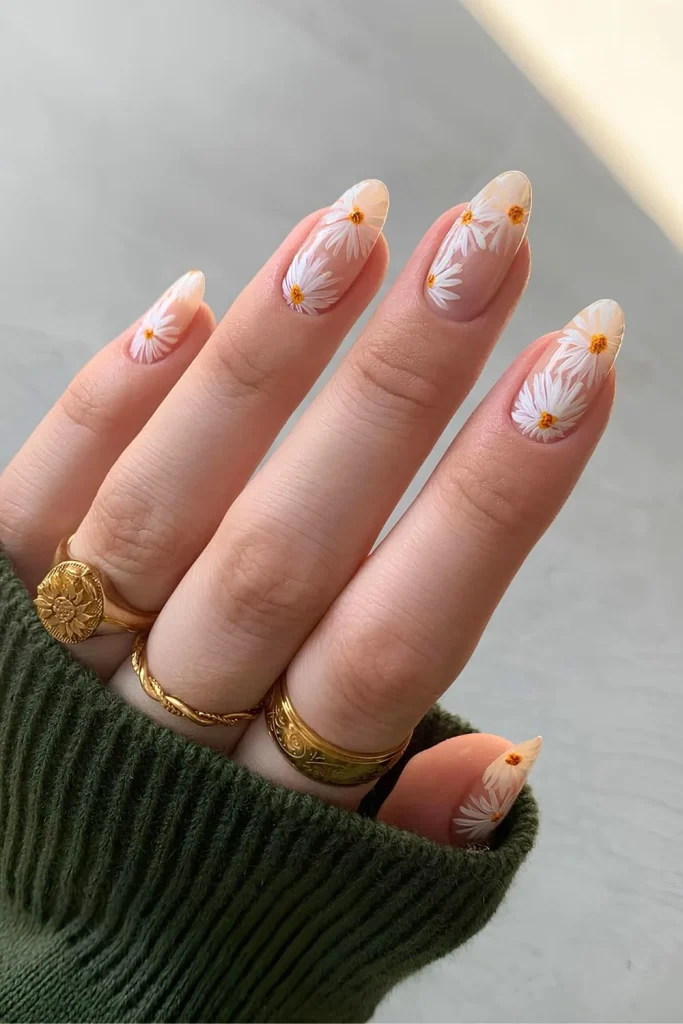 Daisy Almond Nails That Capture Fresh Spring Vibes
