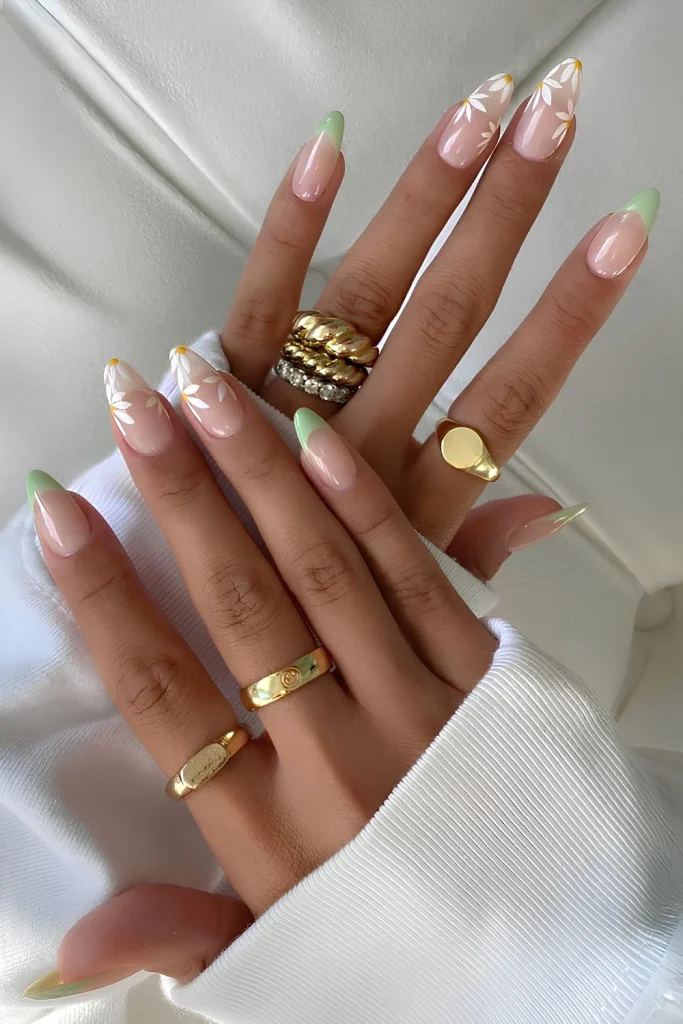 Fresh Sage French Tips With Floral Touch Steal the Spring Spotlight