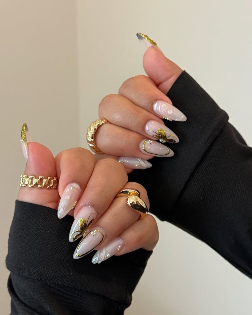 Luxe Gold Floral Almond Nails That Feel Rich & Glamorous