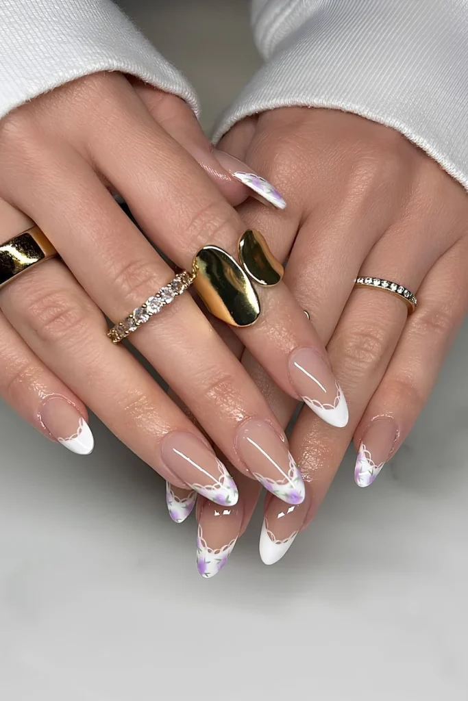 Elegant Lace French Almond Nails with Soft Floral Touch