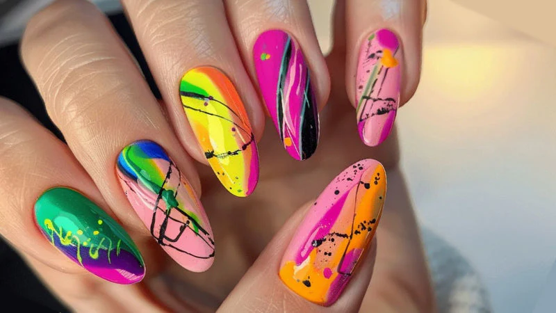 Bold Neon Abstract Nails That Steal All the Attention