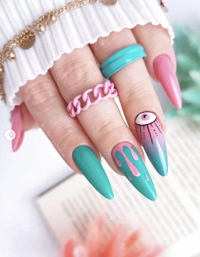 Playful Pink & Teal Spring Gel Nails