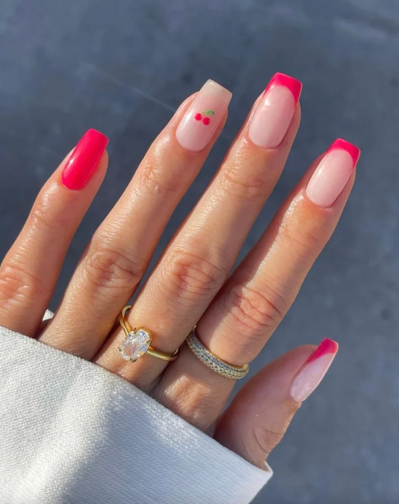 Hot Pink French Tips with a Sweet Cherry Twist