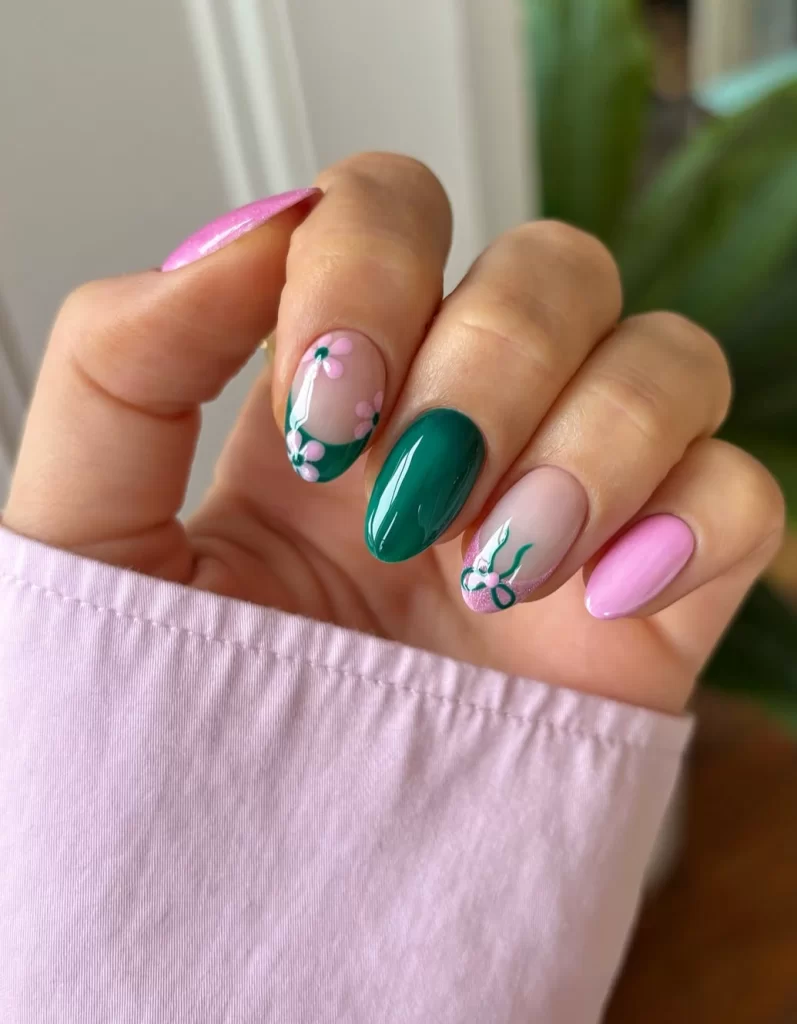 Fresh Green and Pink Floral Almond Nails That Feel Bright