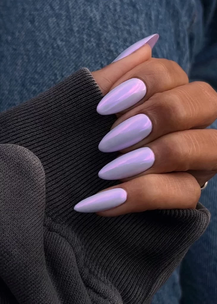 Iridescent Lavender Almond Nails That Glow Softly