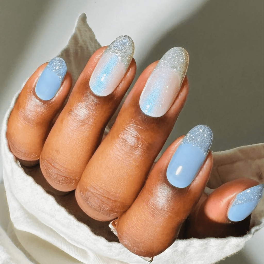 Icy Blue Ombre Nails with a Soft Glow