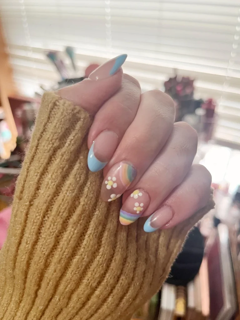 Cute Rainbow Daisy Almond Nails That Feel Fun & Fresh