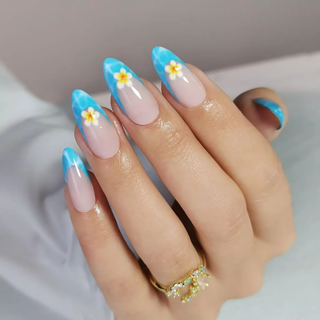 Blue French Tips with a Tropical Flower Twist