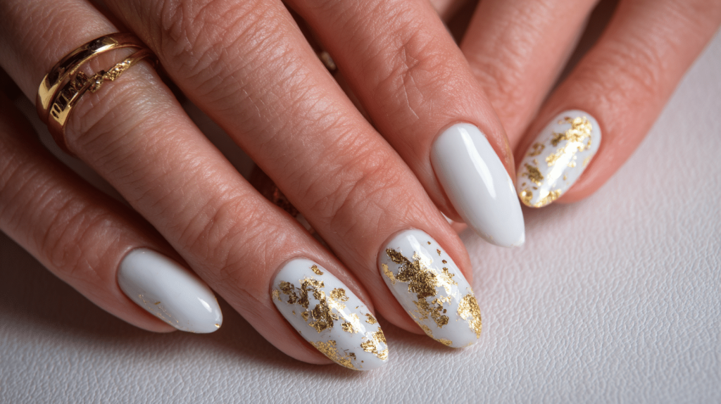 Milky White Nails with Gold Foil That Scream Quiet Luxury