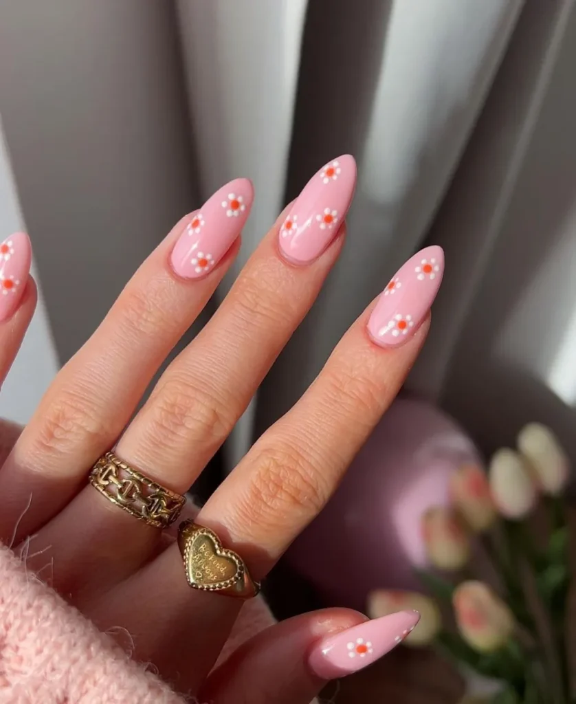 Pink Daisy Floral Nails