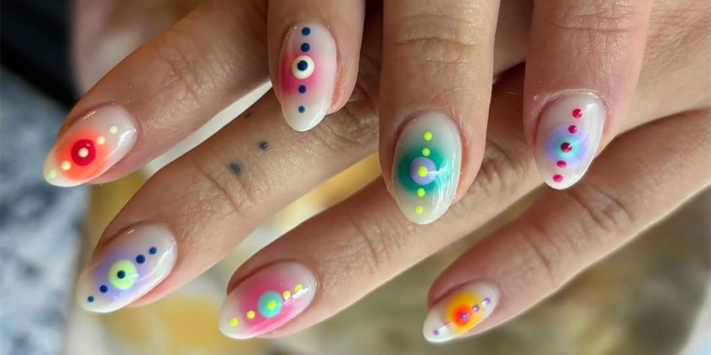 Playful Neon Dot Almond Nails That Pop Instantly