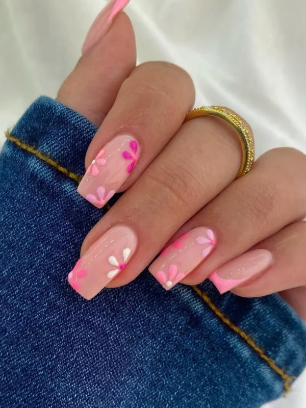 Pink Floral Square Nails