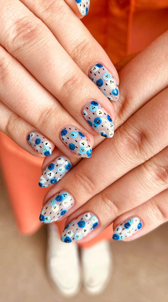 Blue Mini Floral Nails That Bloom With Playful Charm