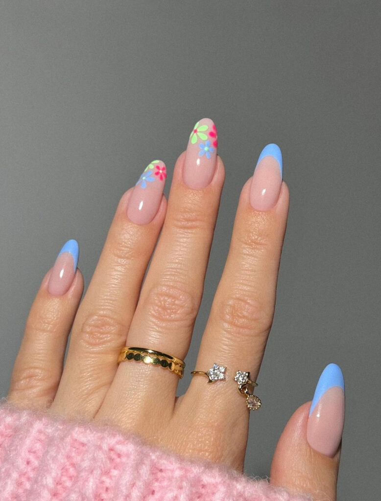 Playful Blue French Tips With Colorful Floral Pop