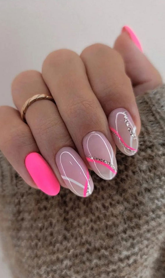 Neon Pink Swirl Accent Nails