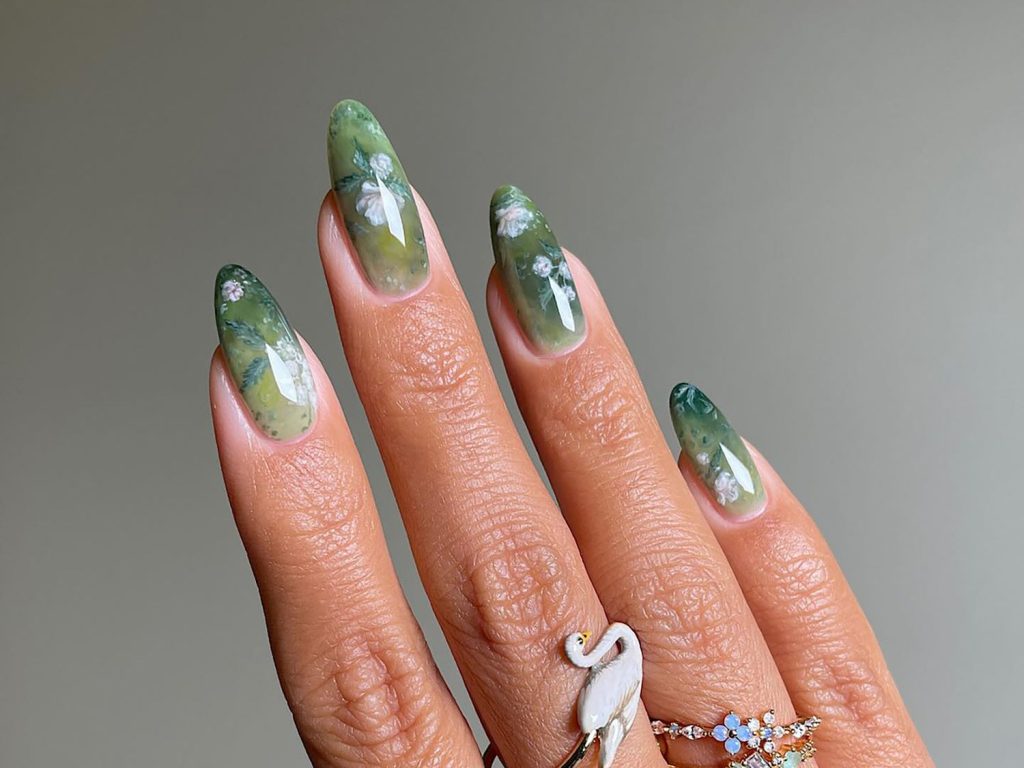 Mossy Green Floral Nails That Feel Calm and Nature-Inspired
