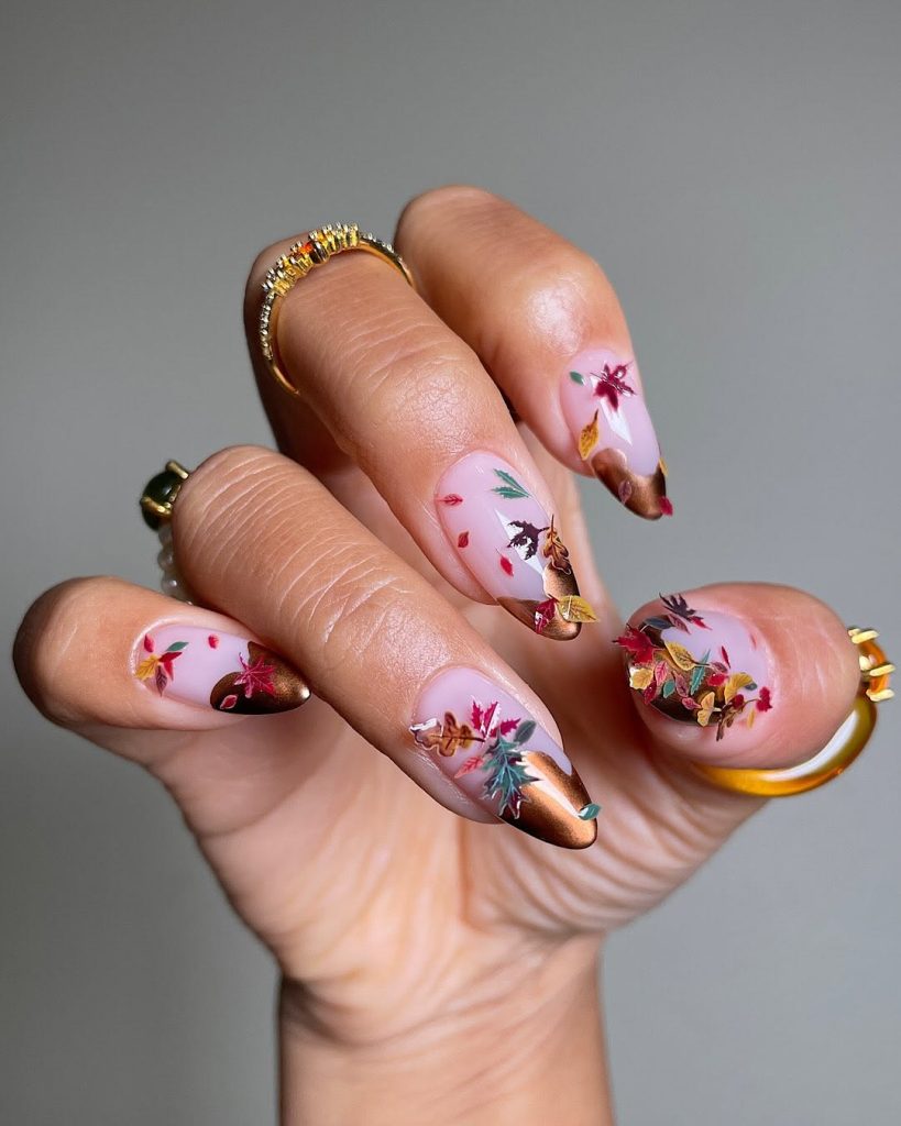Autumn-Inspired Almond Nails with Rich Leaf Art