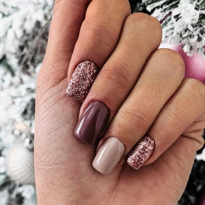 Brown and Rose Gold Glitter Nails